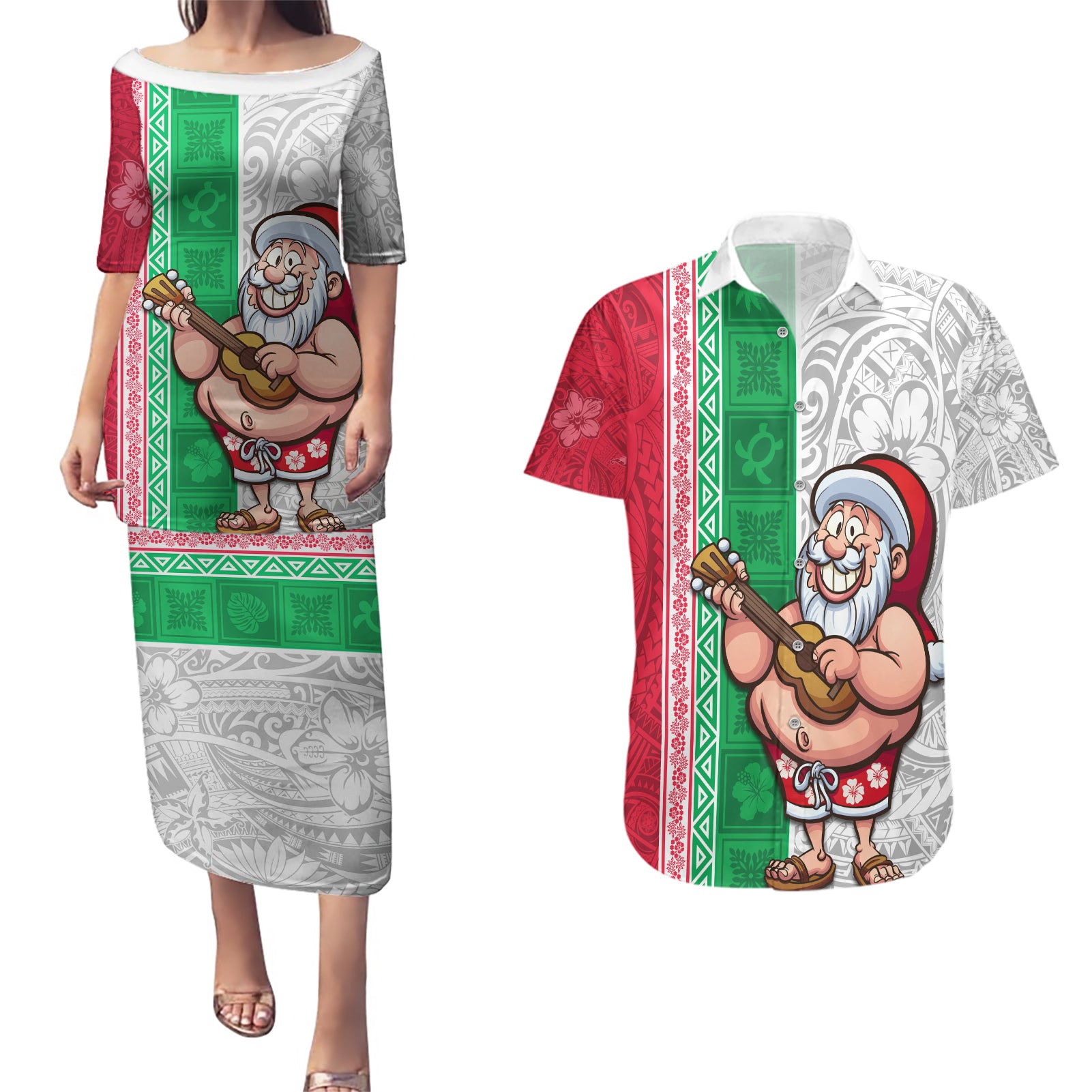 Custom Hawaii Mele Kalikimaka Couples Matching Puletasi Dress and Hawaiian Shirt Santa Playing Ukele Mix Kakau Pattern Xmas Style LT03 Red - Polynesian Pride