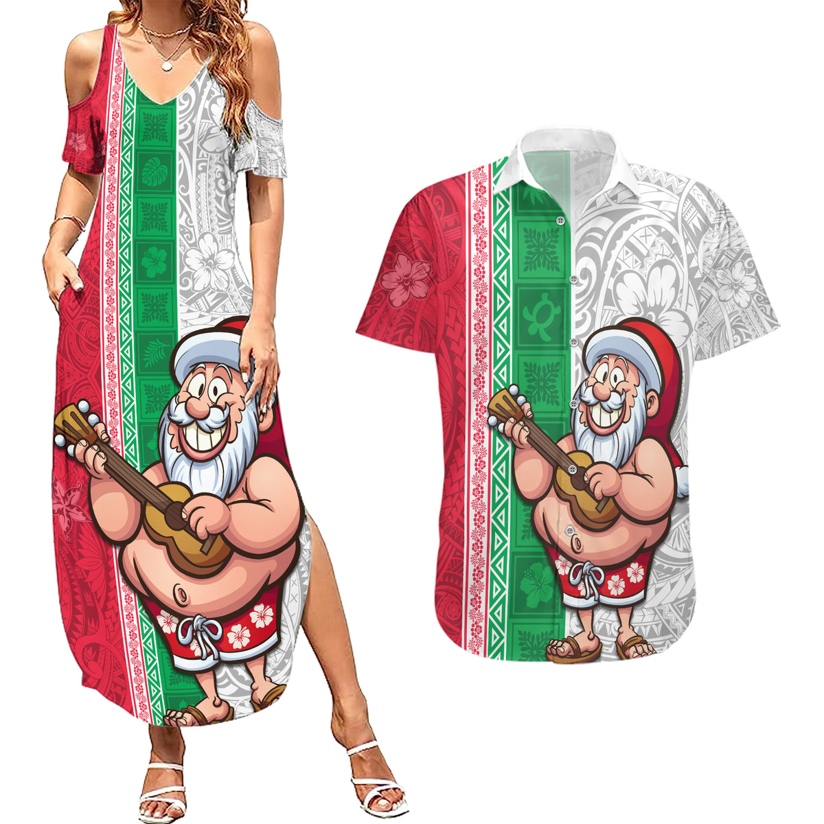 Custom Hawaii Mele Kalikimaka Couples Matching Summer Maxi Dress and Hawaiian Shirt Santa Playing Ukele Mix Kakau Pattern Xmas Style LT03 Red - Polynesian Pride