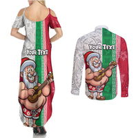 Custom Hawaii Mele Kalikimaka Couples Matching Summer Maxi Dress and Long Sleeve Button Shirt Santa Playing Ukele Mix Kakau Pattern Xmas Style LT03 - Polynesian Pride