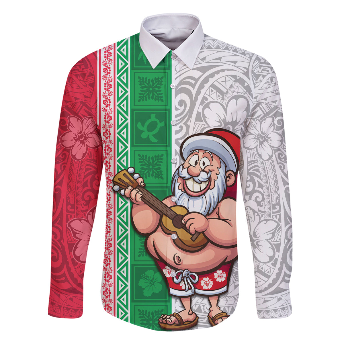 Custom Hawaii Mele Kalikimaka Family Matching Long Sleeve Bodycon Dress and Hawaiian Shirt Santa Playing Ukele Mix Kakau Pattern Xmas Style LT03 Dad's Shirt - Long Sleeve Red - Polynesian Pride