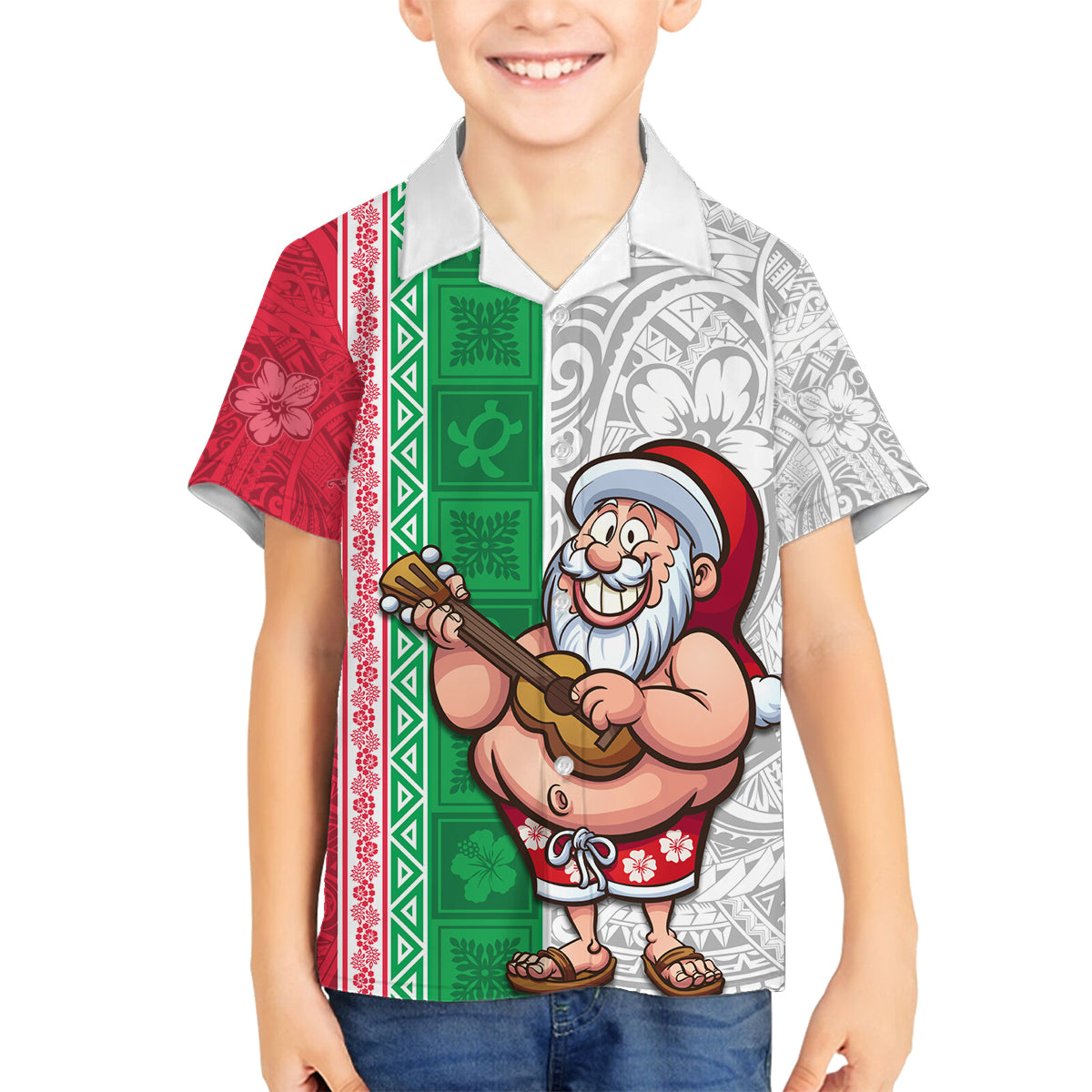 Custom Hawaii Mele Kalikimaka Family Matching Long Sleeve Bodycon Dress and Hawaiian Shirt Santa Playing Ukele Mix Kakau Pattern Xmas Style LT03 Son's Shirt Red - Polynesian Pride