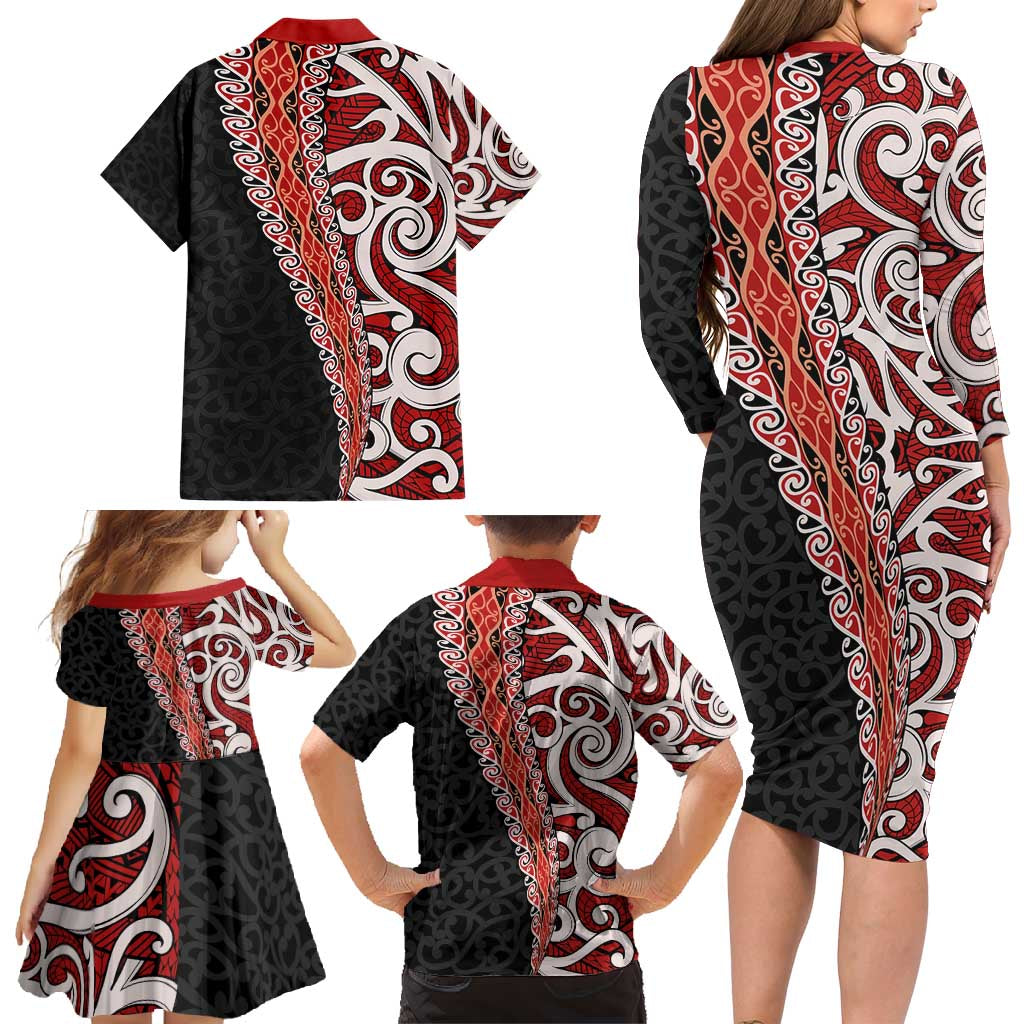 New Zealand Maori Stylized Koru Family Matching Long Sleeve Bodycon Dress and Hawaiian Shirt LT03 - Polynesian Pride