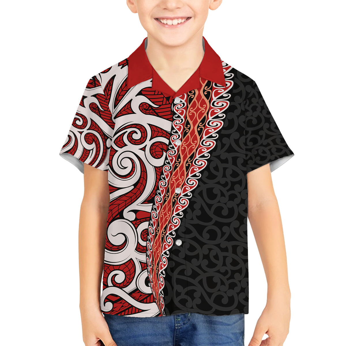 New Zealand Maori Stylized Koru Family Matching Off Shoulder Long Sleeve Dress and Hawaiian Shirt LT03 Son's Shirt Red - Polynesian Pride