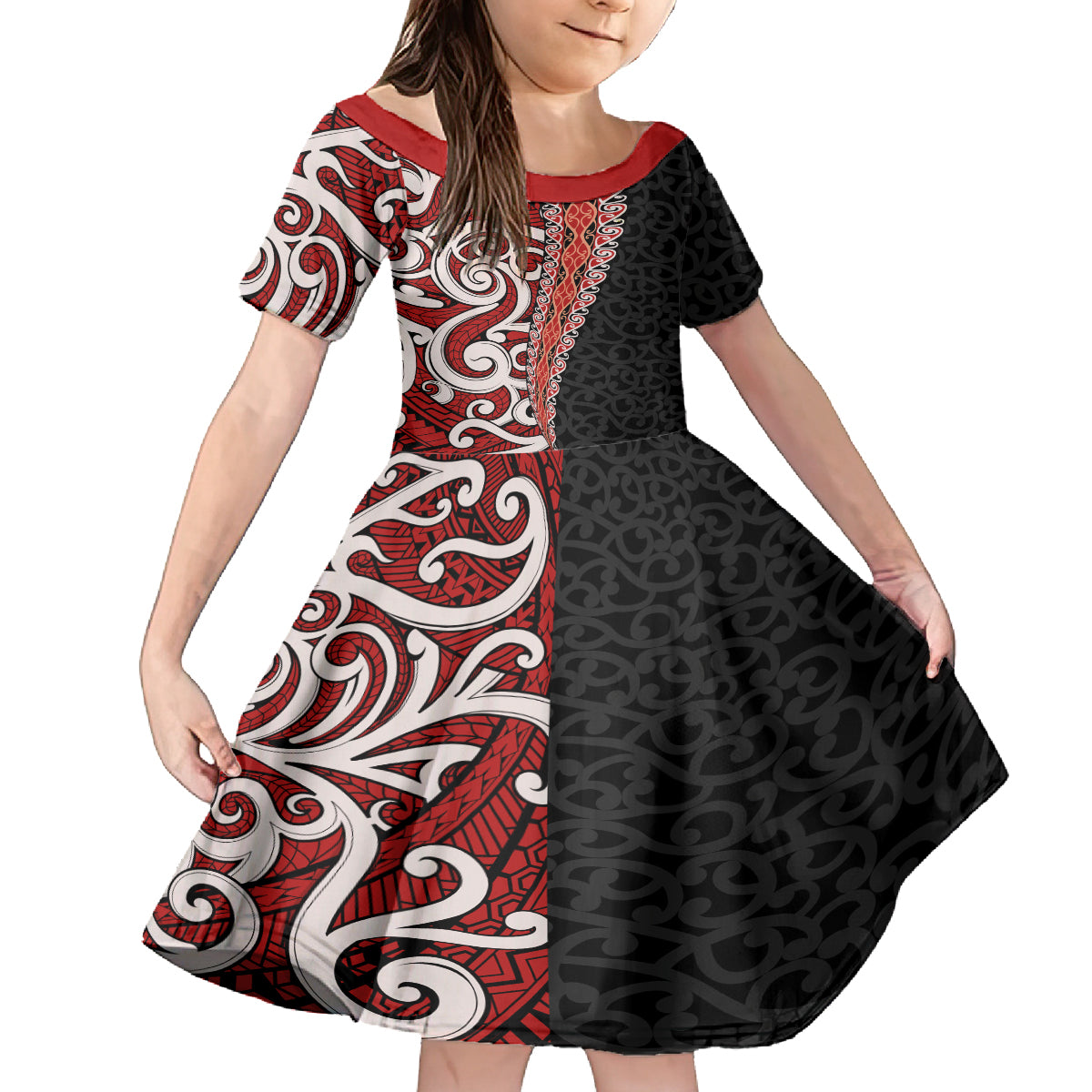 New Zealand Maori Stylized Koru Family Matching Off Shoulder Maxi Dress and Hawaiian Shirt LT03 Daughter's Dress Red - Polynesian Pride