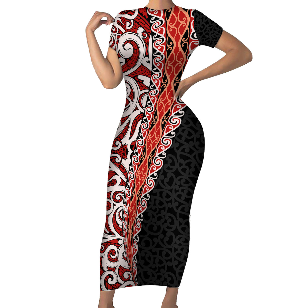 New Zealand Maori Stylized Koru Family Matching Short Sleeve Bodycon Dress and Hawaiian Shirt LT03 Mom's Dress Red - Polynesian Pride
