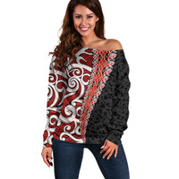 New Zealand Maori Stylized Koru Off Shoulder Sweater LT03 Women Red - Polynesian Pride