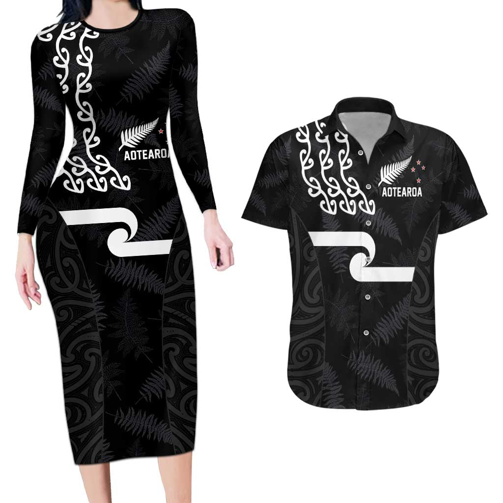New Zealand Rugby Custom Couples Matching Long Sleeve Bodycon Dress and Hawaiian Shirt The Champions Aotearoa LT03 Black - Polynesian Pride