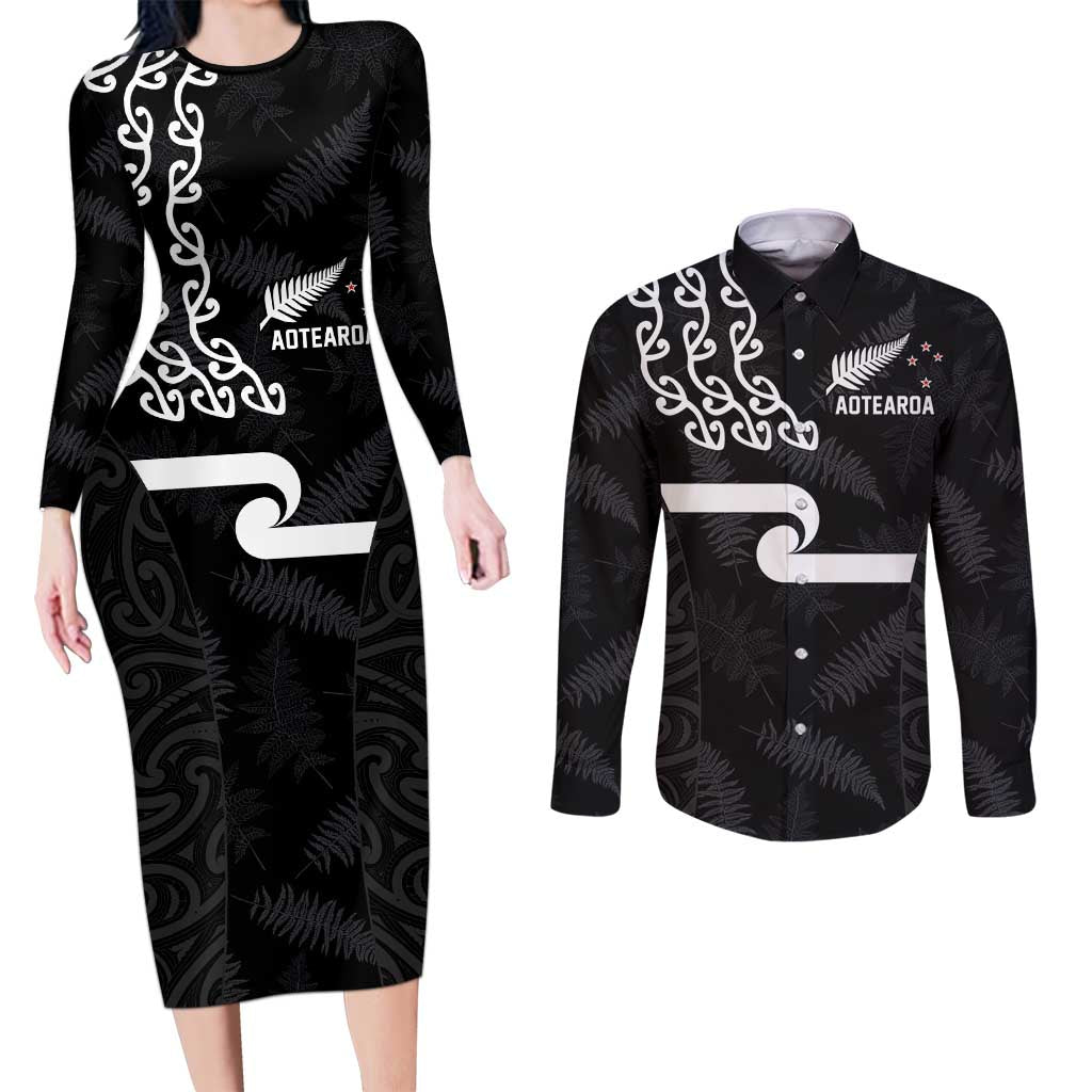New Zealand Rugby Custom Couples Matching Long Sleeve Bodycon Dress and Long Sleeve Button Shirt The Champions Aotearoa LT03 Black - Polynesian Pride