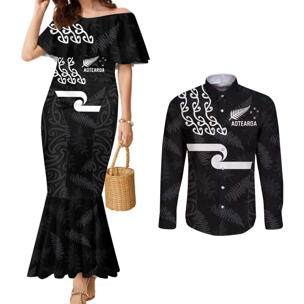 New Zealand Rugby Custom Couples Matching Mermaid Dress and Long Sleeve Button Shirt The Champions Aotearoa LT03 Black - Polynesian Pride