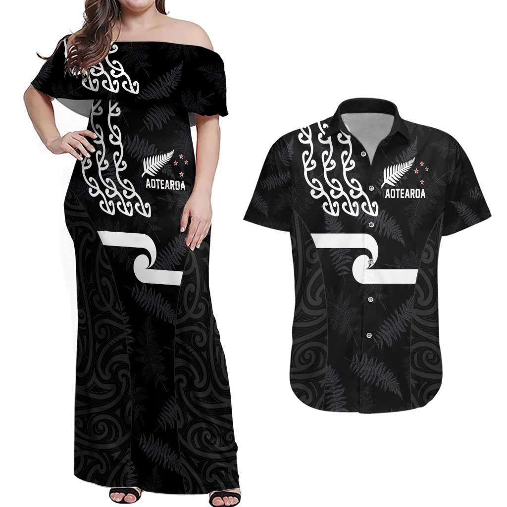 New Zealand Rugby Custom Couples Matching Off Shoulder Maxi Dress and Hawaiian Shirt The Champions Aotearoa LT03 Black - Polynesian Pride