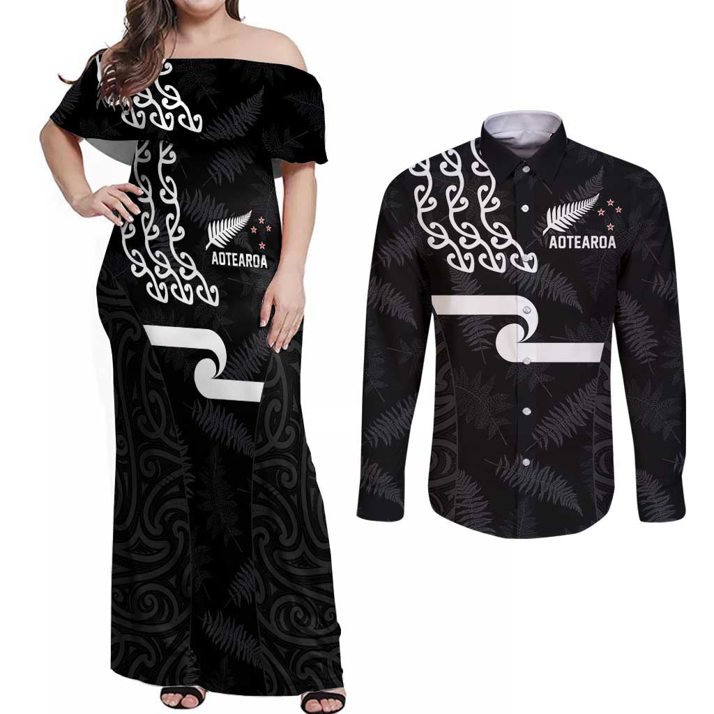 New Zealand Rugby Custom Couples Matching Off Shoulder Maxi Dress and Long Sleeve Button Shirt The Champions Aotearoa LT03 Black - Polynesian Pride