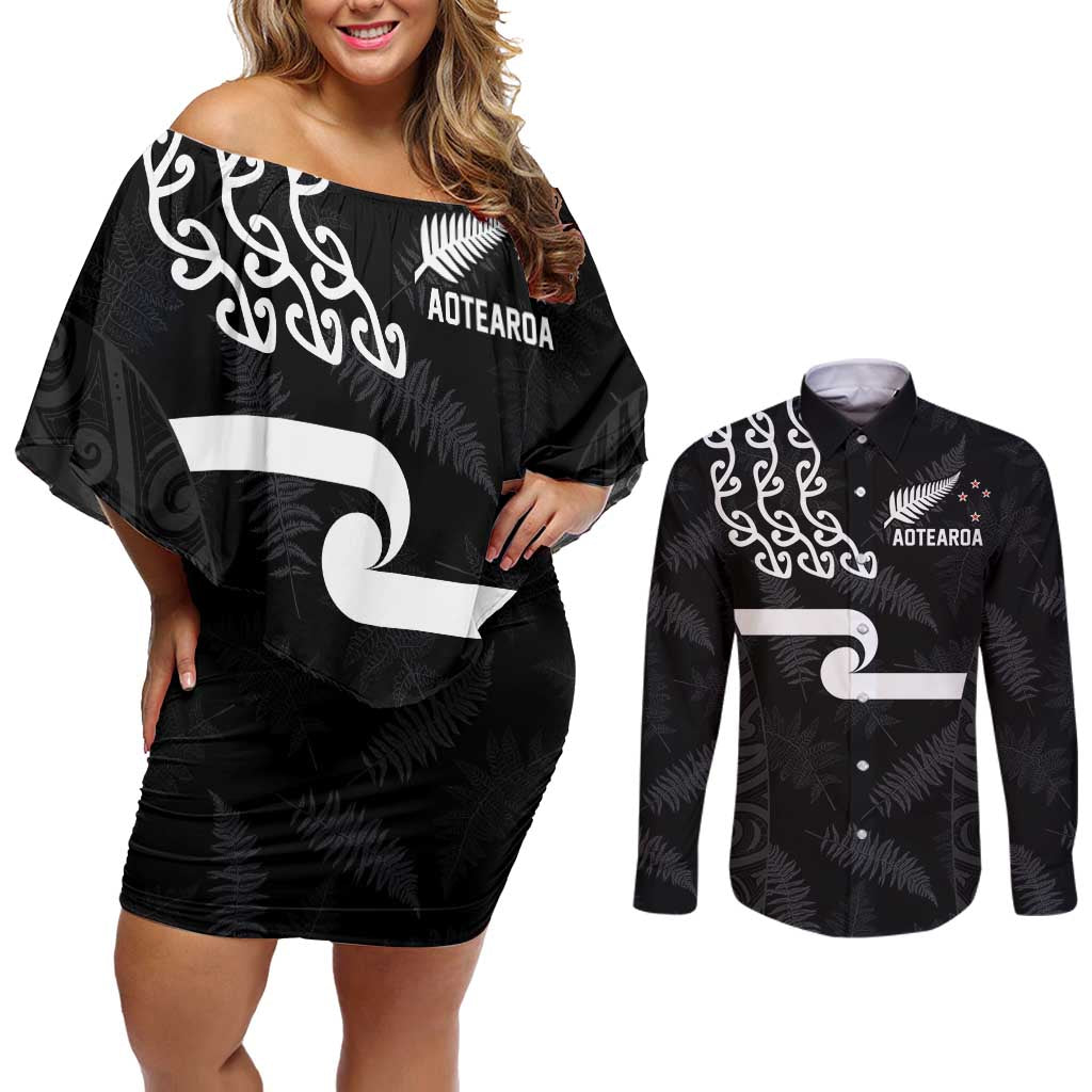 New Zealand Rugby Custom Couples Matching Off Shoulder Short Dress and Long Sleeve Button Shirt The Champions Aotearoa LT03 Black - Polynesian Pride
