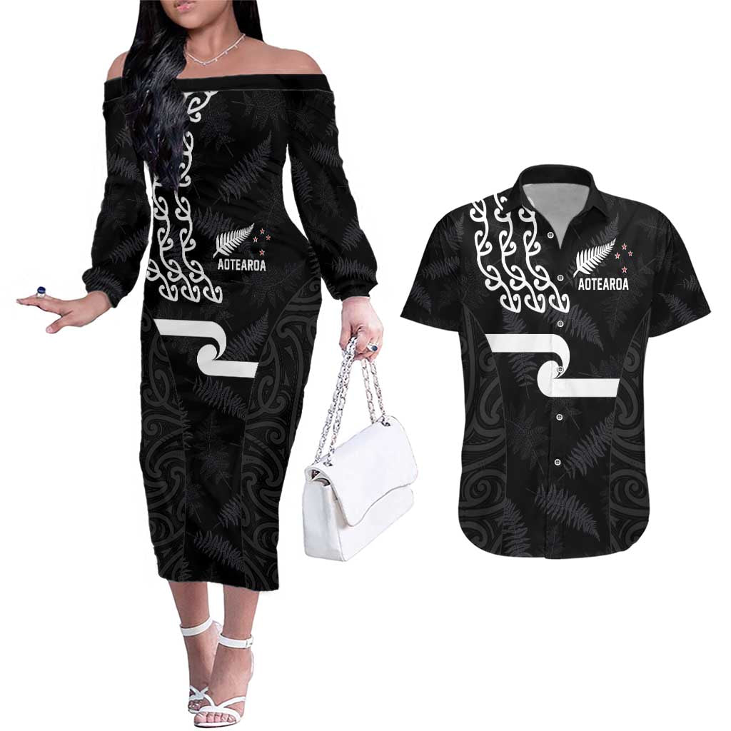 New Zealand Rugby Custom Couples Matching Off The Shoulder Long Sleeve Dress and Hawaiian Shirt The Champions Aotearoa LT03 Black - Polynesian Pride