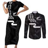 New Zealand Rugby Custom Couples Matching Short Sleeve Bodycon Dress and Long Sleeve Button Shirt The Champions Aotearoa LT03 Black - Polynesian Pride