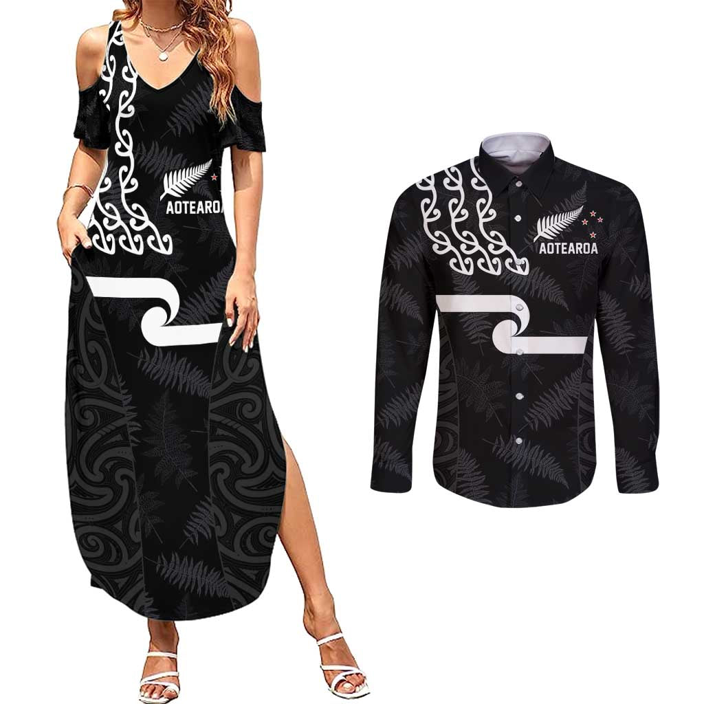 New Zealand Rugby Custom Couples Matching Summer Maxi Dress and Long Sleeve Button Shirt The Champions Aotearoa LT03 Black - Polynesian Pride
