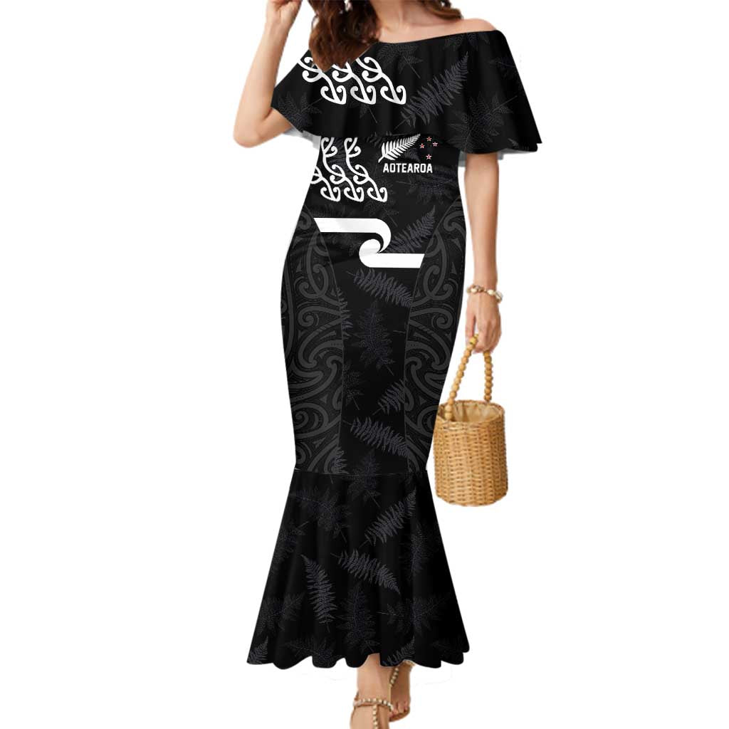 New Zealand Rugby Custom Family Matching Mermaid Dress and Hawaiian Shirt The Champions Aotearoa LT03 Mom's Dress Black - Polynesian Pride