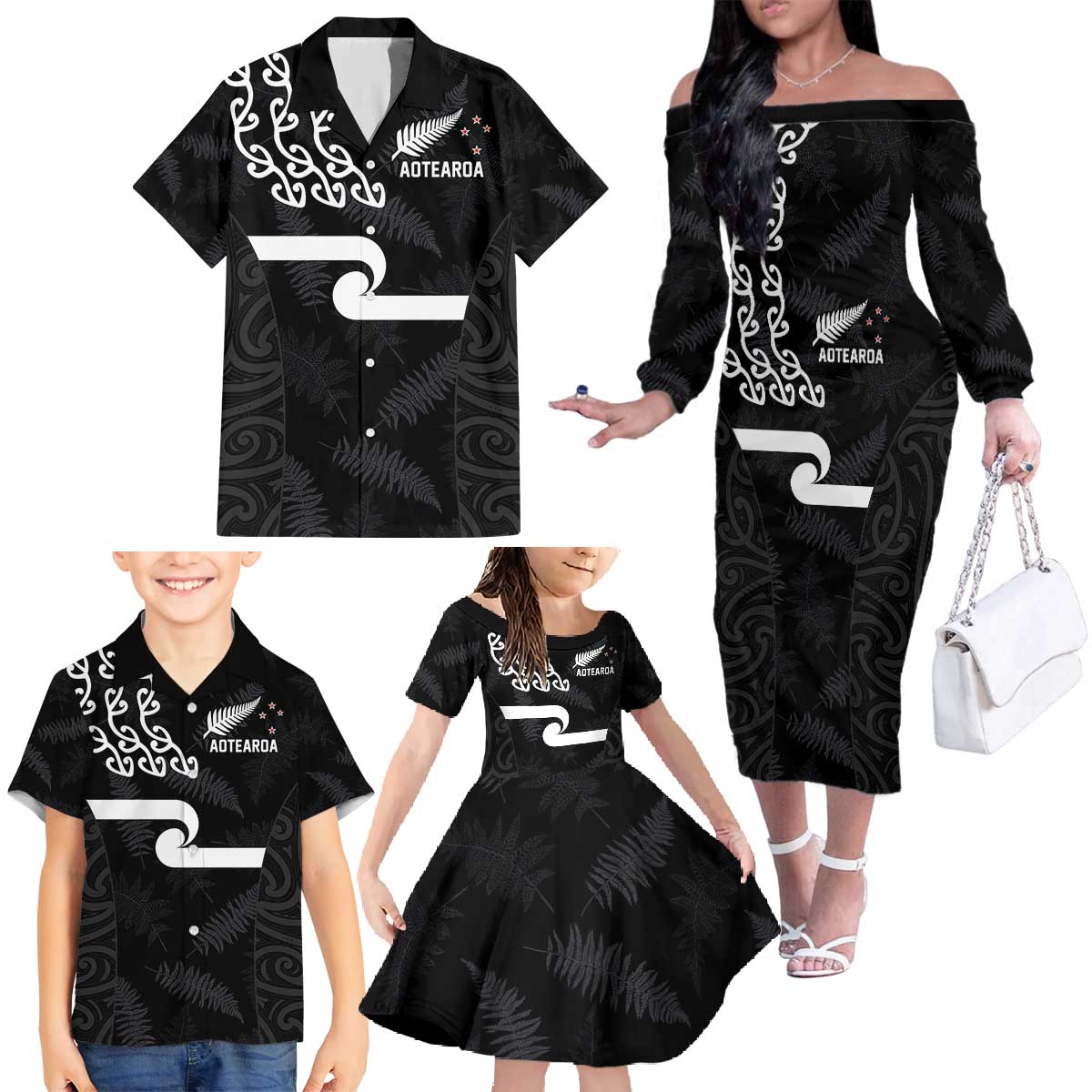New Zealand Rugby Custom Family Matching Off The Shoulder Long Sleeve Dress and Hawaiian Shirt The Champions Aotearoa LT03 Black - Polynesian Pride
