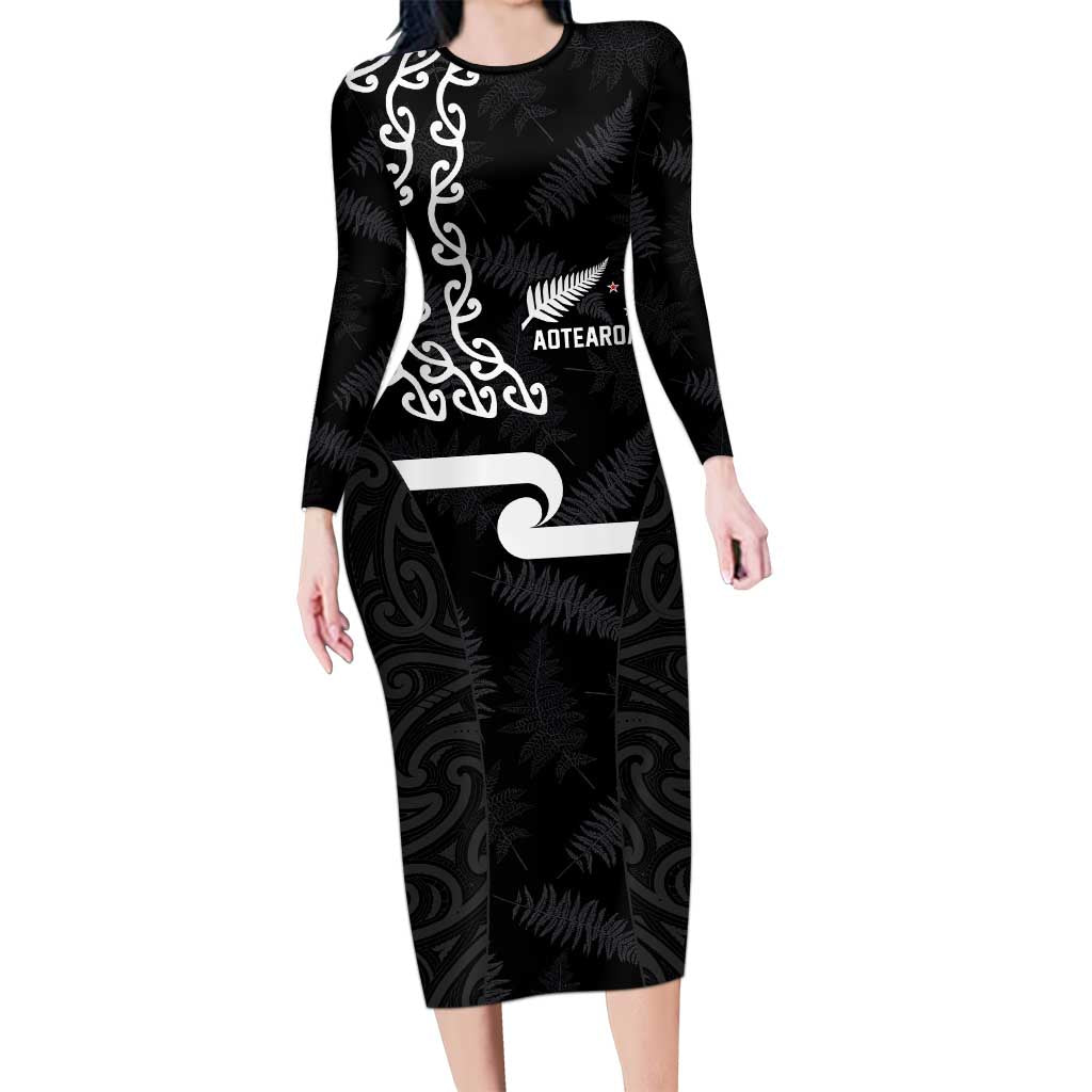 New Zealand Rugby Custom Long Sleeve Bodycon Dress The Champions Aotearoa LT03 Long Dress Black - Polynesian Pride