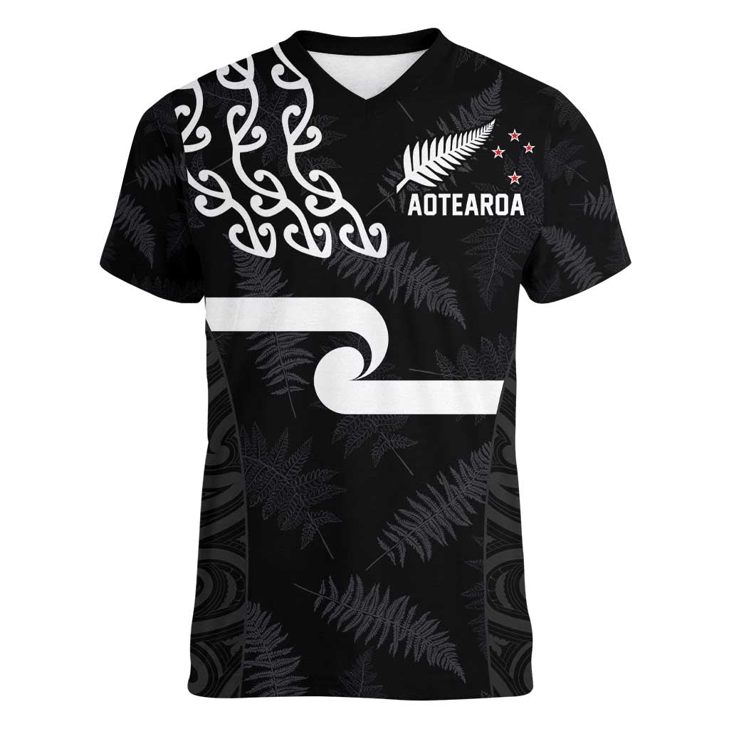New Zealand Rugby Custom Women V-Neck T-Shirt The Champions Aotearoa LT03 Female Black - Polynesian Pride