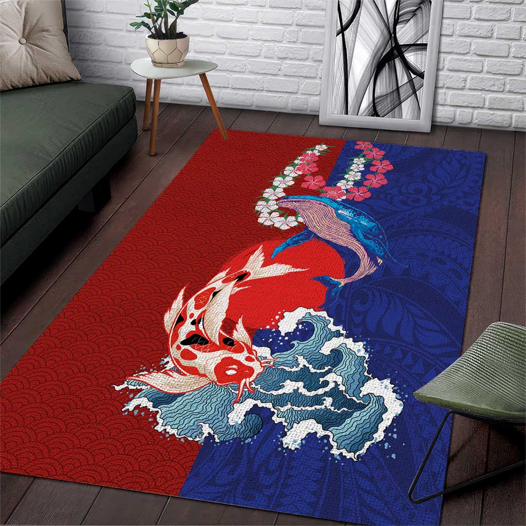 Hawaiian and Japanese Together Area Rug The Whale and Koi Fish with Hinomaru and Lei LT03 Blue - Polynesian Pride