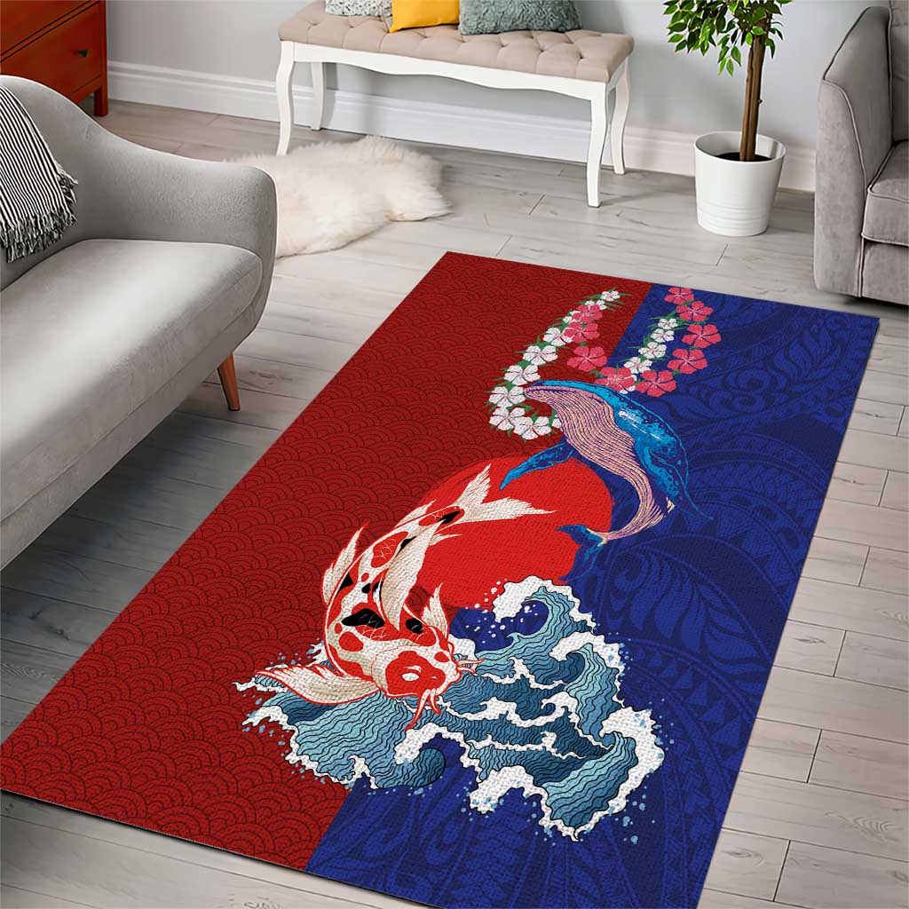 Hawaiian and Japanese Together Area Rug The Whale and Koi Fish with Hinomaru and Lei LT03 - Polynesian Pride