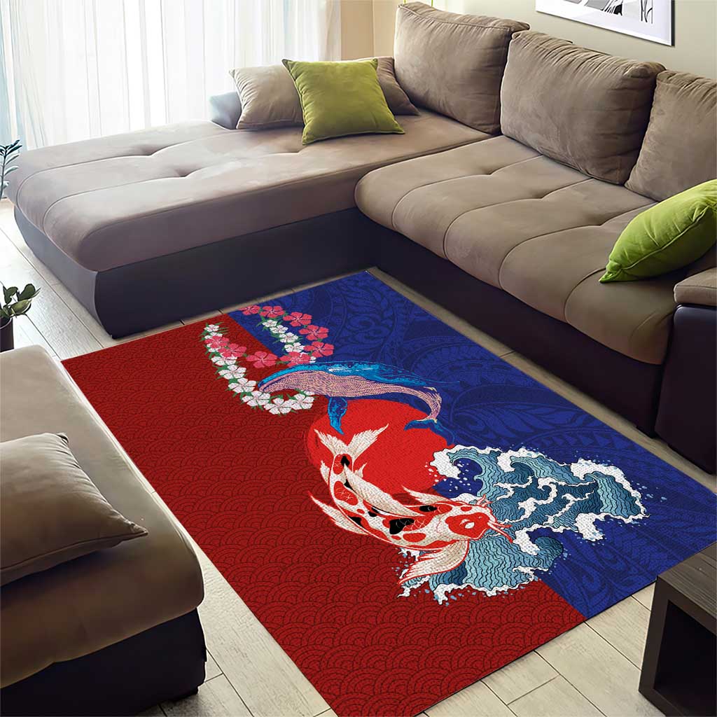 Hawaiian and Japanese Together Area Rug The Whale and Koi Fish with Hinomaru and Lei LT03 - Polynesian Pride