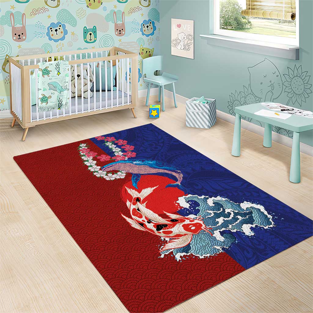 Hawaiian and Japanese Together Area Rug The Whale and Koi Fish with Hinomaru and Lei LT03 - Polynesian Pride