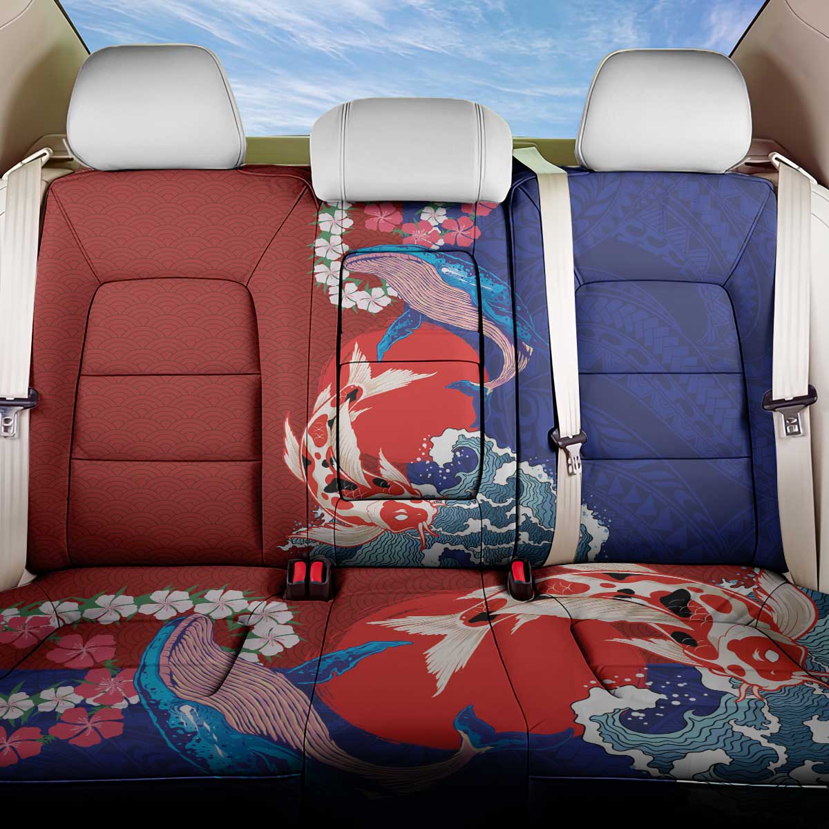 Hawaiian and Japanese Together Back Car Seat Cover The Whale and Koi Fish with Hinomaru and Lei LT03 One Size Blue - Polynesian Pride