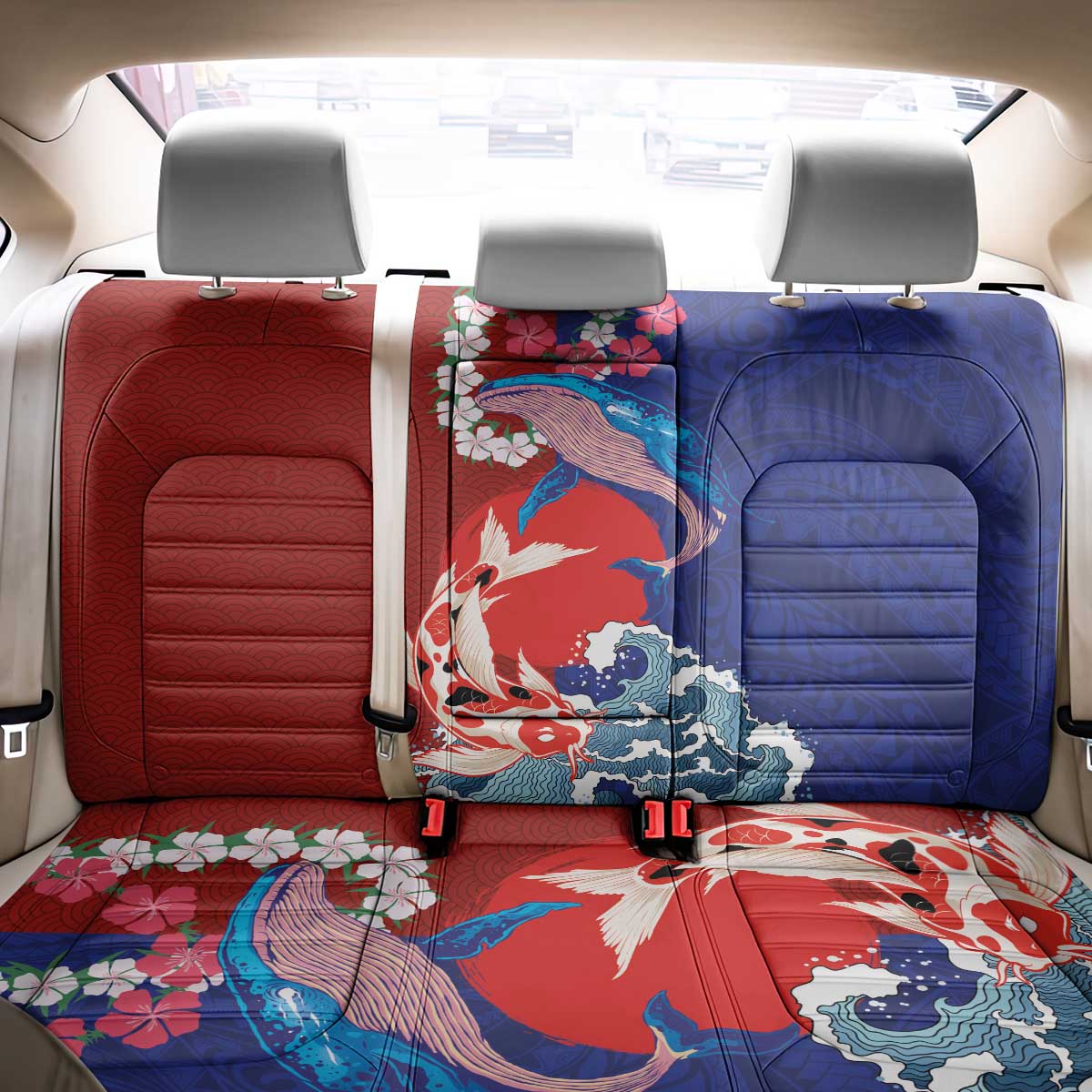 Hawaiian and Japanese Together Back Car Seat Cover The Whale and Koi Fish with Hinomaru and Lei LT03 - Polynesian Pride