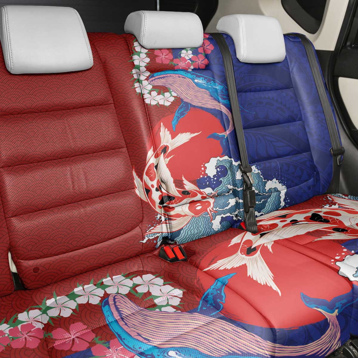 Hawaiian and Japanese Together Back Car Seat Cover The Whale and Koi Fish with Hinomaru and Lei LT03 - Polynesian Pride