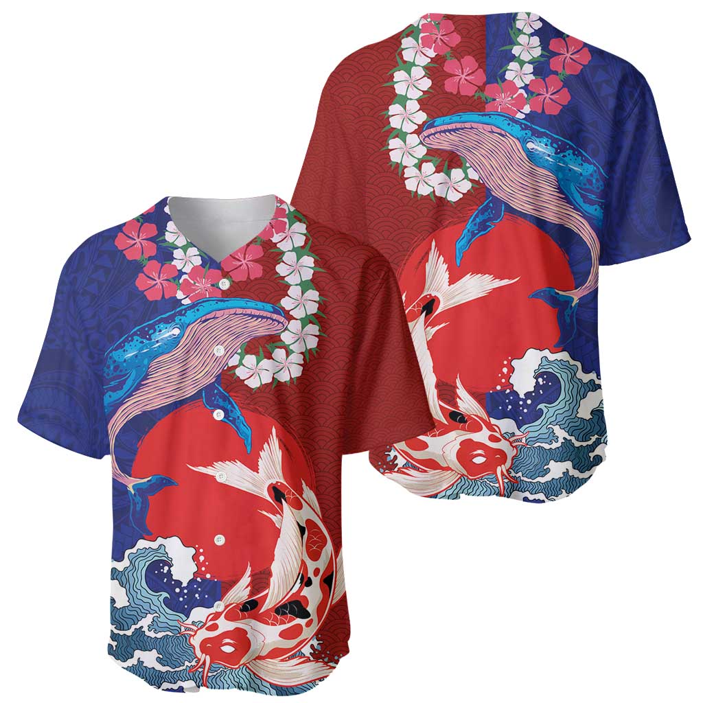 Hawaiian and Japanese Together Baseball Jersey The Whale and Koi Fish with Hinomaru and Lei LT03 - Polynesian Pride