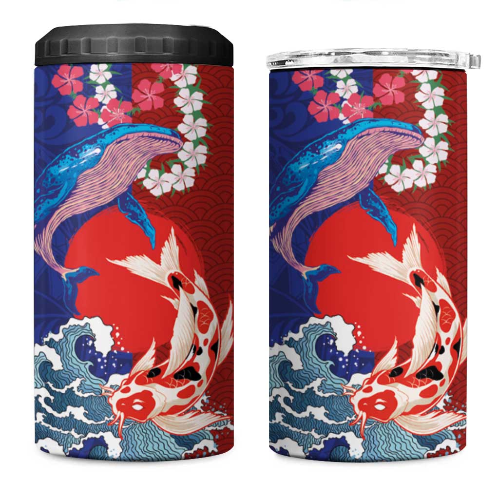 Hawaiian and Japanese Together 4 in 1 Can Cooler Tumbler The Whale and Koi Fish with Hinomaru and Lei LT03 One Size: 16 oz Blue - Polynesian Pride