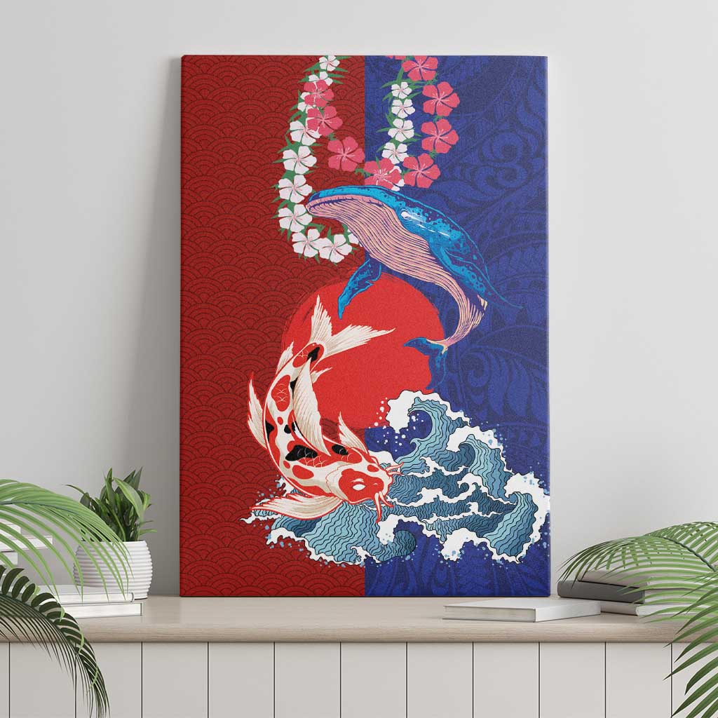 Hawaiian and Japanese Together Canvas Wall Art The Whale and Koi Fish with Hinomaru and Lei LT03 - Polynesian Pride