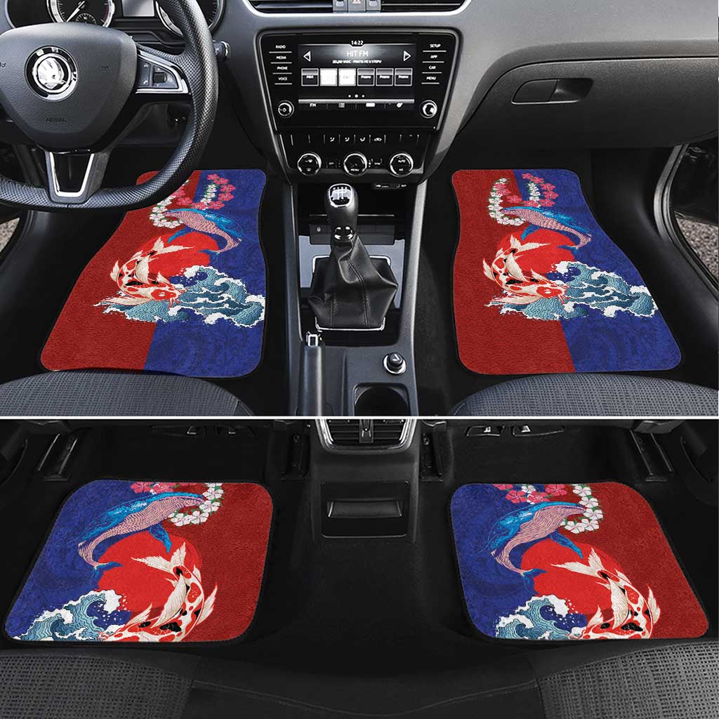 Hawaiian and Japanese Together Car Mats The Whale and Koi Fish with Hinomaru and Lei LT03 Set 4pcs Blue - Polynesian Pride