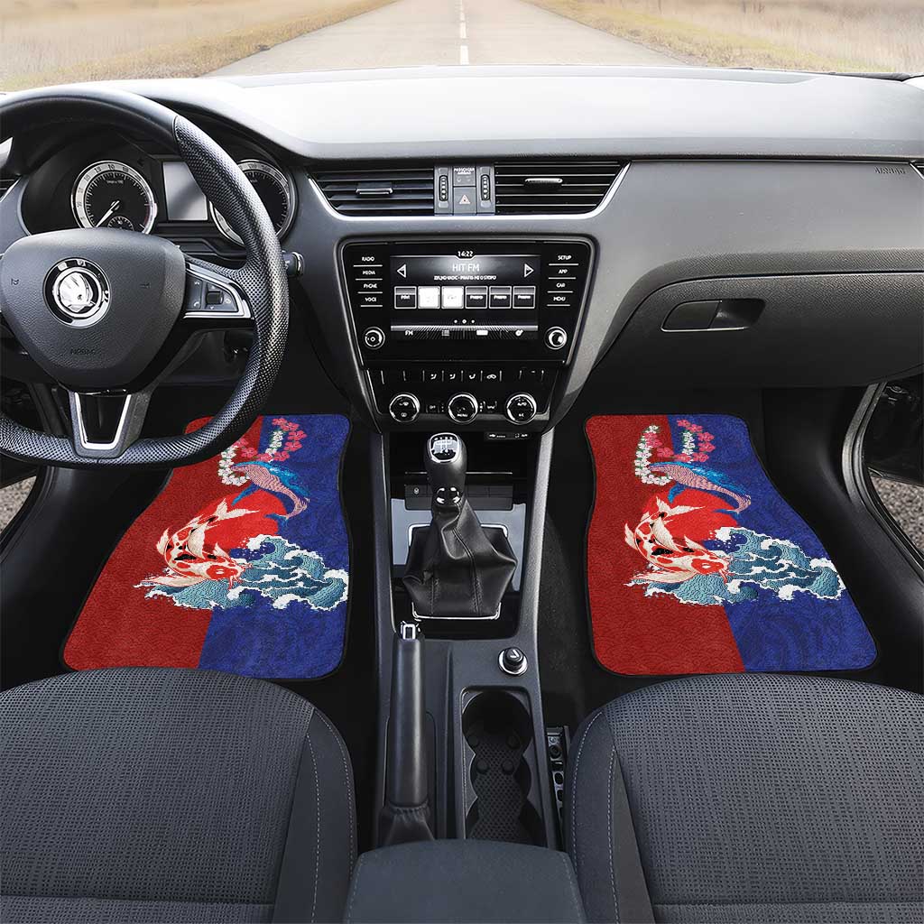 Hawaiian and Japanese Together Car Mats The Whale and Koi Fish with Hinomaru and Lei LT03 Set 2pcs - Front Blue - Polynesian Pride