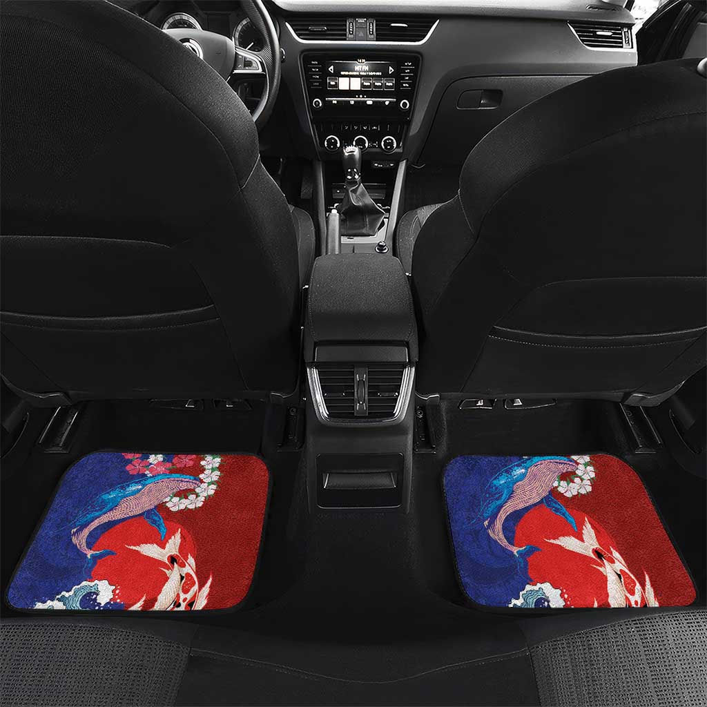 Hawaiian and Japanese Together Car Mats The Whale and Koi Fish with Hinomaru and Lei LT03 Set 2pcs - Back Blue - Polynesian Pride