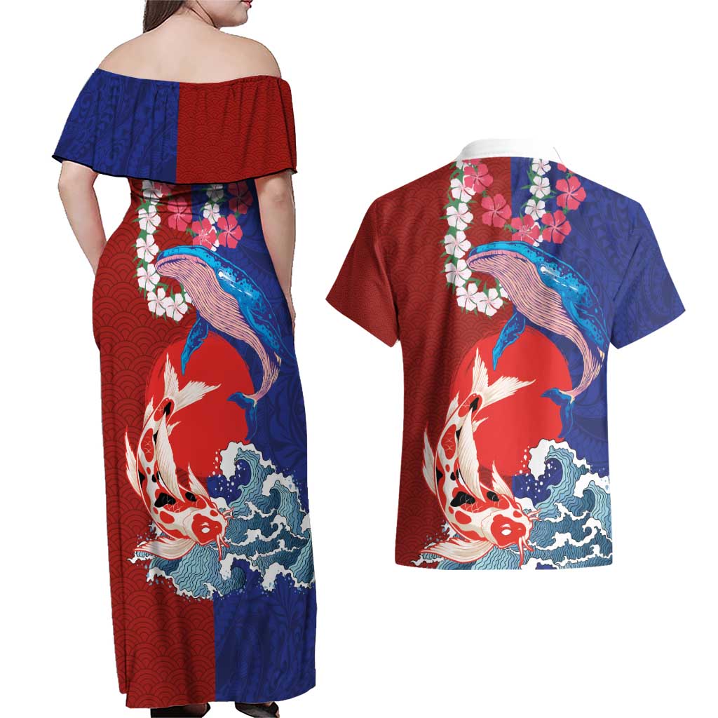 Hawaiian and Japanese Together Couples Matching Off Shoulder Maxi Dress and Hawaiian Shirt The Whale and Koi Fish with Hinomaru and Lei