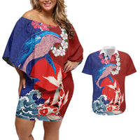 Hawaiian and Japanese Together Couples Matching Off Shoulder Short Dress and Hawaiian Shirt The Whale and Koi Fish with Hinomaru and Lei