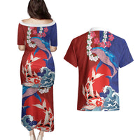Hawaiian and Japanese Together Couples Matching Puletasi and Hawaiian Shirt The Whale and Koi Fish with Hinomaru and Lei LT03 - Polynesian Pride