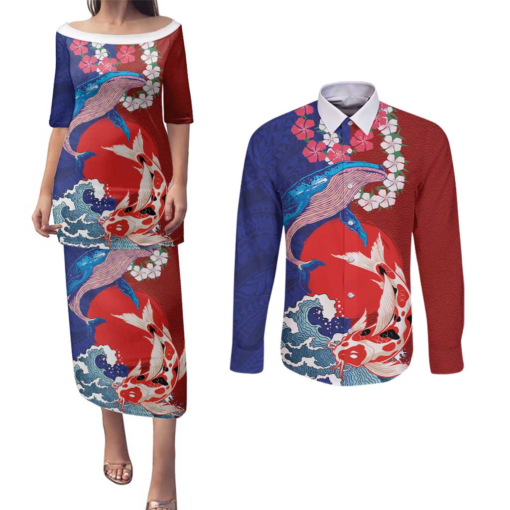 Hawaiian and Japanese Together Couples Matching Puletasi and Long Sleeve Button Shirt The Whale and Koi Fish with Hinomaru and Lei LT03 Blue - Polynesian Pride