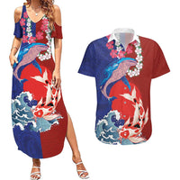 Hawaiian and Japanese Together Couples Matching Summer Maxi Dress and Hawaiian Shirt The Whale and Koi Fish with Hinomaru and Lei