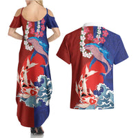 Hawaiian and Japanese Together Couples Matching Summer Maxi Dress and Hawaiian Shirt The Whale and Koi Fish with Hinomaru and Lei