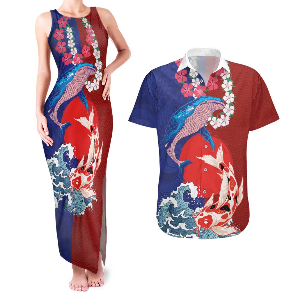 Hawaiian and Japanese Together Couples Matching Tank Maxi Dress and Hawaiian Shirt The Whale and Koi Fish with Hinomaru and Lei