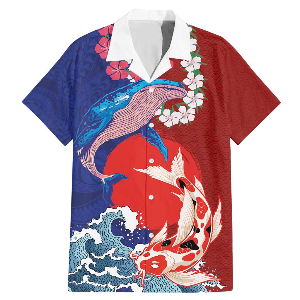 Hawaiian and Japanese Together Family Matching Mermaid Dress and Hawaiian Shirt The Whale and Koi Fish with Hinomaru and Lei LT03 Dad's Shirt - Short Sleeve Blue - Polynesian Pride