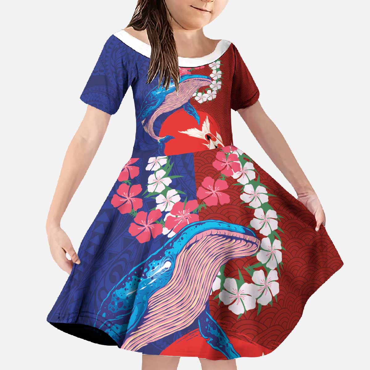 Hawaiian and Japanese Together Family Matching Off The Shoulder Long Sleeve Dress and Hawaiian Shirt The Whale and Koi Fish with Hinomaru and Lei