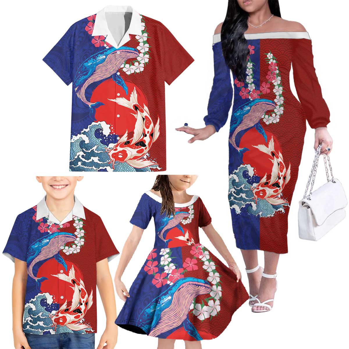 Hawaiian and Japanese Together Family Matching Off The Shoulder Long Sleeve Dress and Hawaiian Shirt The Whale and Koi Fish with Hinomaru and Lei