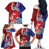 Hawaiian and Japanese Together Family Matching Off The Shoulder Long Sleeve Dress and Hawaiian Shirt The Whale and Koi Fish with Hinomaru and Lei