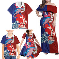 Hawaiian and Japanese Together Family Matching Off Shoulder Maxi Dress and Hawaiian Shirt The Whale and Koi Fish with Hinomaru and Lei LT03 - Polynesian Pride