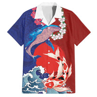 Hawaiian and Japanese Together Family Matching Off Shoulder Maxi Dress and Hawaiian Shirt The Whale and Koi Fish with Hinomaru and Lei LT03 Dad's Shirt - Short Sleeve Blue - Polynesian Pride