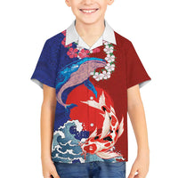 Hawaiian and Japanese Together Family Matching Off Shoulder Maxi Dress and Hawaiian Shirt The Whale and Koi Fish with Hinomaru and Lei LT03 Son's Shirt Blue - Polynesian Pride